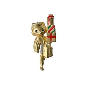 Danecraft Vintage Christmas Cat Brooch, Gold Plated Enamel Pin